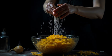 Close up of female hands sprinkling pasta in bowl with flour on black backgroundの素材