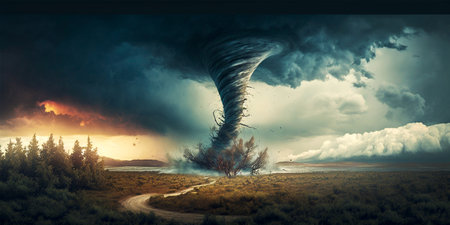 Visual representation of the impact of climate change on landscapes Tornado symbolizes the destructive power of extreme weather events Serves as a reminder of the urgent need to combat climate changeの素材