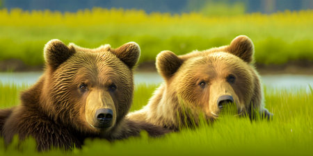 Calm scene of two brown bears in their natural habitat. Species identified as Ursus arctos horribilis.の素材