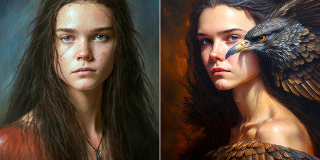 The painting depicts a beautiful lady surrounded by flora Detailed background gives the painting depth and richness Photorealistic appearance creates a realistic representation of the subjectの素材