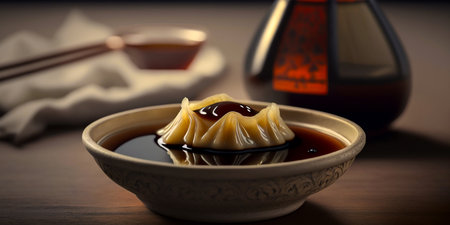 Visually appealing image of dumplings and soy sauce Simple yet appetizing image of traditional Asian food Ideal for food bloggers or restaurant websitesの素材