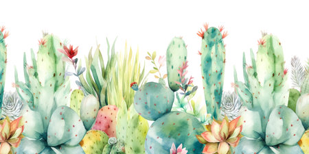 Beautiful watercolor pattern depicting cacti. Can be used in various design projects. Seamless Design Allows you to easily repeat and scale. Perfect for adding a touch of nature to any project.の素材