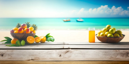 Wooden boards with tropical fruits create a bright and exotic atmosphere. Bring the atmosphere of the beach and the sea to your home or event. Create stunning decorative compositionsの素材