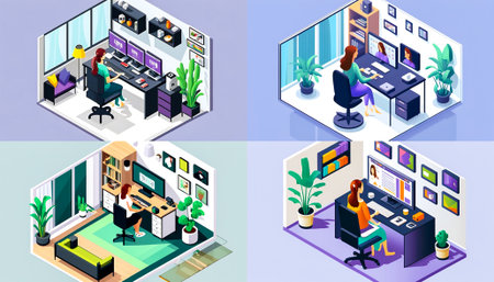 Aimed at women working from home. Highlights the challenges and benefits of remote work. Provides tips and resources for creating a productive home office environment.の素材