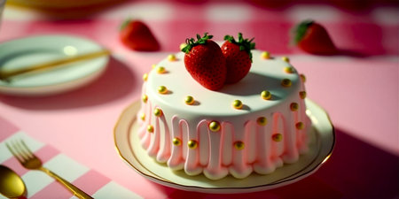 Classic white birthday cake with an airy texture. Garnished with fresh strawberries and candles to decorate. Perfect for birthday parties and special occasions.の素材