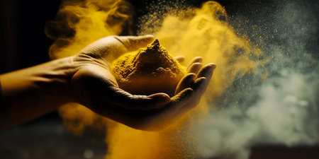 The image shows a woman's hand covered in yellow dust. The concept of environmental pollution or pollution is implied. It assumes the need to protect and preserve the environment.の素材