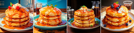 4 photos, Delicious stack of pancakes covered in syrup. Ideal for breakfast or brunch. Satisfy your sweet tooth with this delicious treat.の素材