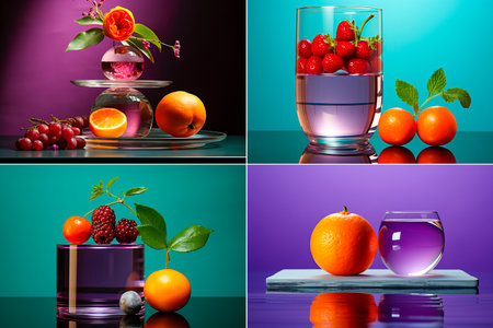 4 photos, Creative and whimsical concept of strawberries and oranges standing on glass. Unique and attractive visual images. Presents a fresh and vibrant aesthetic.の素材