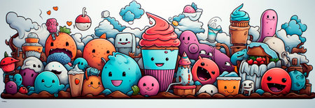 Funny and whimsical cartoon illustrations in pop art style. Bright colors and curved shapes give a modern look. Perfect for adding a touch of whimsy to any project or design.の素材