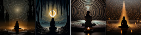 4 photos, Unique and surreal illustration in cartoon style. Conveys a sense of mystery and intrigue. Evokes emotions of loneliness and contemplation. Contrast between light and darkの素材