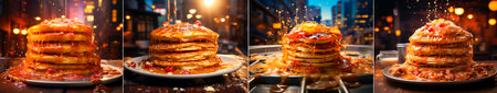 4 photos, Image of a stack of pancakes on a pink plate. High quality, visually appealing food photography. Ideal for promoting a breakfast or brunch menu.の素材