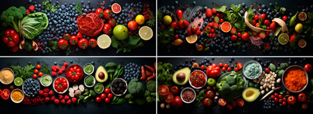 4 photos, Unique and varied selection of dishes presented in an artistic manner. Bright and colorful presentation. An aerial view allows you to visually enjoy the holidayの素材