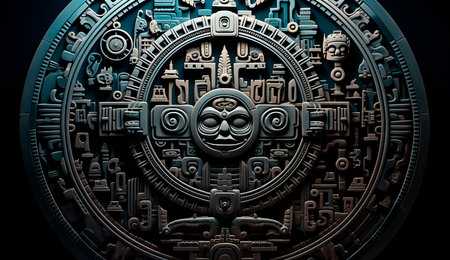 Unique Mayan art style patterns in a black and white color palette. Detailed background elements add depth and interest to the design. Inspired by ancient Mayan culture and art.の素材