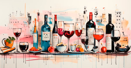 White background with images of a fork, knife and wine glass. Elegant and sophisticated design. Ideal for restaurants or food related businesses. Stylish and attractive visual presentation.の素材