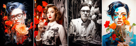 Unique hand-painted self-portrait with glass element. Surreal style with flowing lines and abstract elements. Reflects the artist's interpretation of the human form and connection to objectsの素材