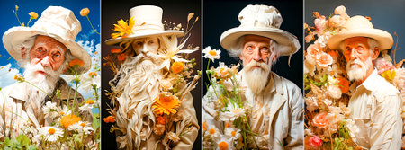 4 photos, Vintage advertisement featuring an old man in traditional clothing. Depicts a nostalgic, classic marketing style. Provides insight into historical advertising techniques.の素材