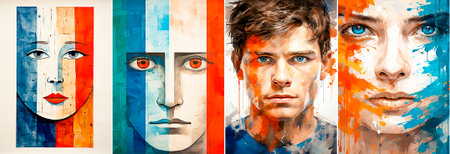 4 photos, Beautiful watercolor illustrations of faces. Diverse and unique portraits captured in stunning ways. Ideal for home decor or as a gift for art lovers.の素材