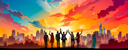 Modern design of a business team portrait. Conveys the spirit of teamwork and success. Incorporates elements of urban painting to create a vibrant image. Reflects social activityの素材