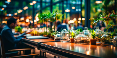 Professional yet casual office environment. Casual dress code for employees. Modern and trendy office space with bokeh effect in the background.の素材