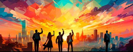 Modern design of a business team portrait. Conveys the spirit of teamwork and success. Incorporates elements of urban painting to create a vibrant image. Reflects social activityの素材