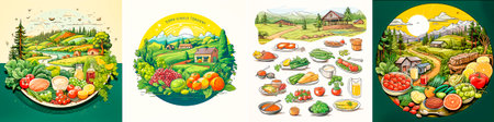 A set of cartoon icons representing diet and healthy eating options. Includes fruits, vegetables, lean proteins, and whole grains. Great for use in nutrition or fitness related content.の素材