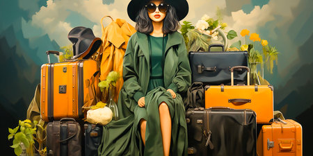 Cartoon woman with a big suitcase on a giant scale. Very funny and creative concept. Perfect for travel or weight related themes.の素材