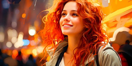 Casual street portrait of a smiling woman. The woman looks confident and happy. The photo captures an authentic and natural facial expression.の素材