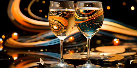 This piece of generative art features a champagne flute on a table with glass. The design is unique and eye-catching. Perfect for adding elegance to any space or event.の素材