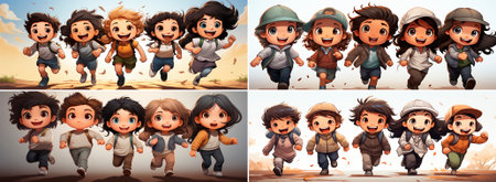 Five smiling children cartoon on white background. Ideal for children's books, educational materials or themed events. High resolution and customizable for any project or publication.の素材