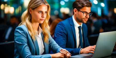 Positive and engaged team members during a presentation Smiling faces of colleagues enjoying the content Collaborative atmosphere in the workplaceの素材