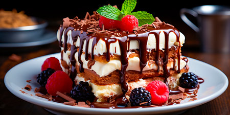 A delicious chocolate cake with layers of cream and chocolate sauce. Perfect for special occasions or just as a treat. Treat yourself to this exquisite dessert. Perfect for sharing with friendsの素材