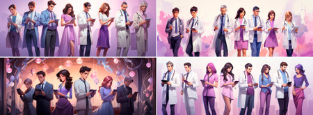Unique and colorful doctor avatars for a fun and engaging look. The cartoonish lithography style adds a playful touch to the design. Great for medical apps, websites or marketing materials.の素材