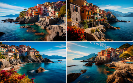Beautiful and colorful houses by the sea in Cinque Terre. Italy. Stunning landscapes with picturesque views. A popular tourist destination due to its charm and unique architecture.の素材