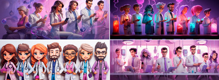 Unique and colorful doctor avatars for a fun and engaging look. The cartoonish lithography style adds a playful touch to the design. Great for medical apps, websites or marketing materials.の素材