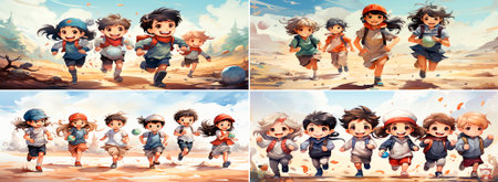 Children play sports games with a ball and other equipment. The app encourages active play and physical activity in children. It encourages teamwork, coordination, and healthy habits in children.の素材