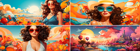 Bright and colorful summer banner illustration. It has an attractive design with various elements such as cocktails, sunglasses and palm trees.の素材