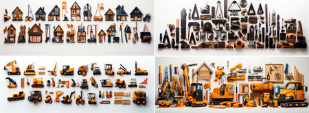 Collection of different construction tools and houses on white background, collageの素材