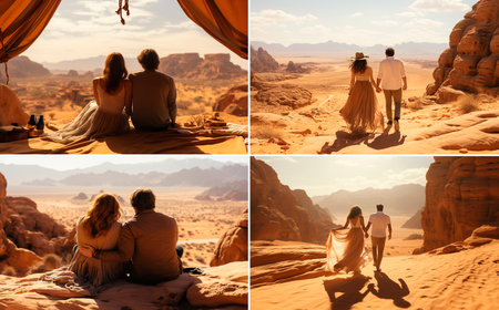 Experience the beauty of Wadi Rum with your partner. Stay in a traditional Bedouin camp under the stars. Explore stunning desert landscapes on a tour. Capture unforgettable moments together.の素材