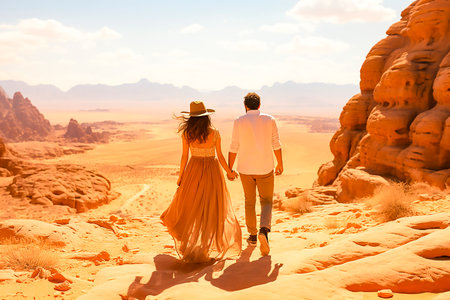 Experience the beauty of Wadi Rum with your partner. Stay in a traditional Bedouin camp under the stars. Explore stunning desert landscapes on a tour. Capture unforgettable moments together.の素材