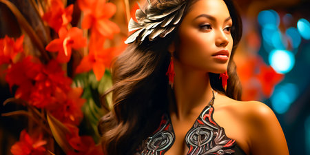 tall and elegant Polynesian female character. Incorporate traditional Polynesian elements into the design. Emphasize the beauty, grace, and cultural authenticity of the character.の素材