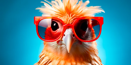 Unique and creative animal concept Chicken with sunglasses Cute and playful design Perfect for branding or marketing purposesの素材