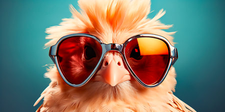 Unique and creative design of a chicken with sunglasses. Fun and playful concept for animal lovers. Perfect for merchandise, branding or social media content.の素材
