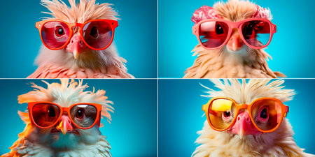 Unique and creative design of a chicken with sunglasses. Fun and playful concept for animal lovers. Perfect for merchandise, branding or social media content.の素材