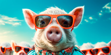 A unique and creative animal concept featuring a boar wearing sunglasses. Perfect for branding, marketing or design projects. Stand out from the crowd with this fun and eye-catching image.の素材