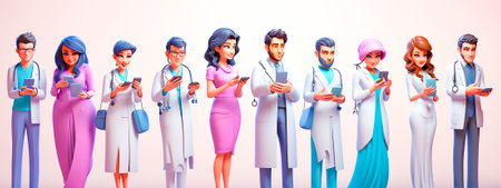 Unique and fun doctor avatars to use on mobile phones. The colorful and bold design stands out. The cartoonish lithography style adds a playful touch.の素材