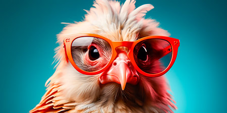 Fun and creative concept of chicken wearing sunglasses. Unique and eye-catching design for various purposes. Great for branding, marketing or merchandise purposes.の素材