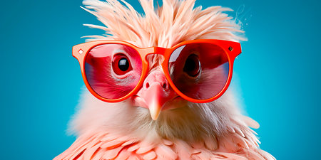 Unique and creative design of a chicken with sunglasses. Fun and playful concept for animal lovers. Perfect for merchandise, branding or social media content.の素材