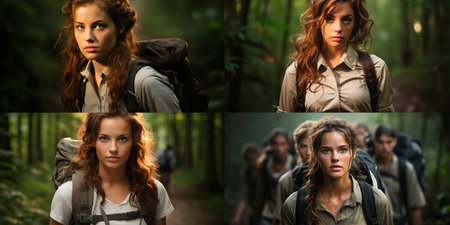 Collage of young woman with backpack hiking in forest. Selective focus.の素材