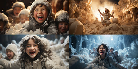 Collage of children in winter clothes laughing and having fun with snowの素材