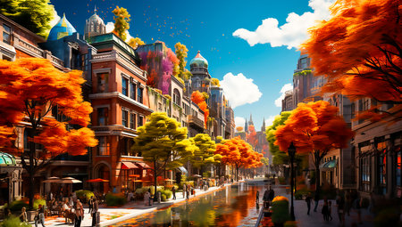 Beautiful and colorful image of a city street. Includes buildings, trees and community events. Conveys the brightness and architecture of urban spaces.の素材